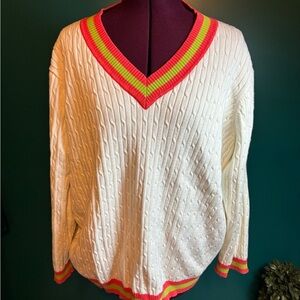Liz Golf Cream and Orange Lime V-Neck Cable Knit Sweater